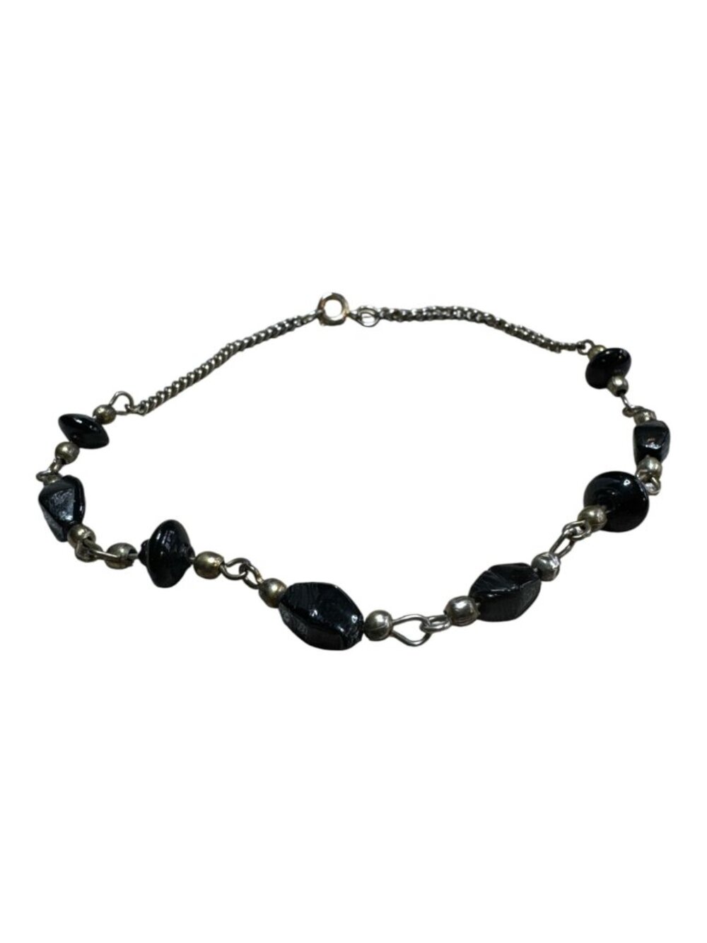 Black Beaded Bracelet With Silver-Toned Chain - 7 Inches - Elegant & Minimalist